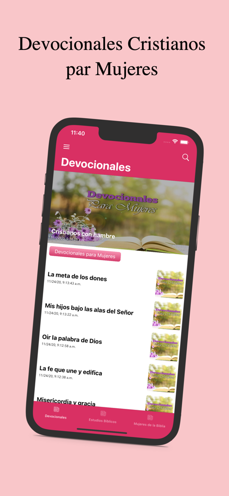Devocionales para Mujeres - Interface of the Devocionales para Mujeres app showing a list of daily Christian devotionals for women in Spanish