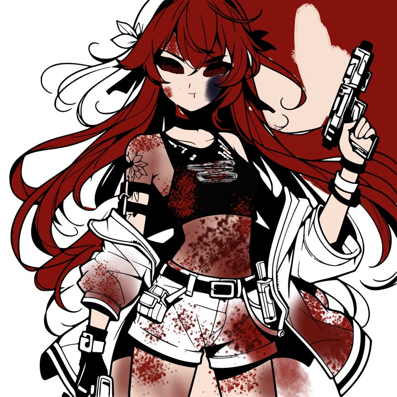 bad girl wearing crop top holding a gun long hair anime
