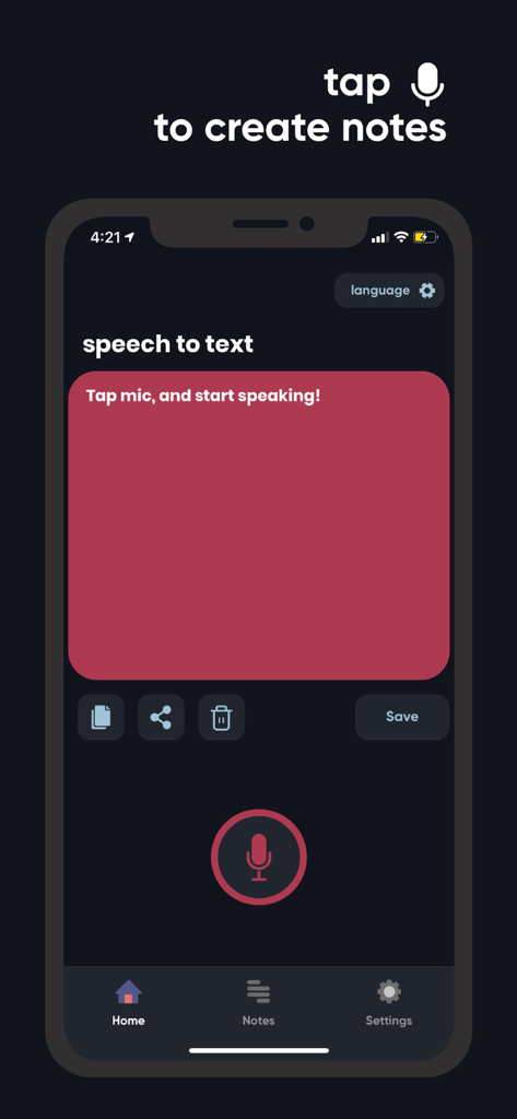 Uma interface de aplicativo móvel para transcrição de voz para texto com um grande botão de microfone.