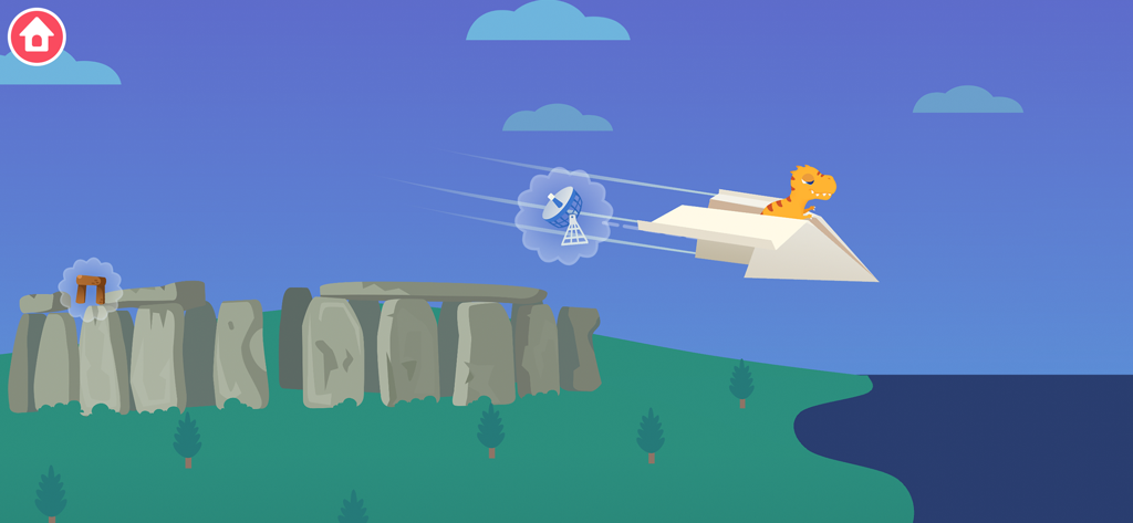 Un dinosaure de dessin animé pilotant un avion en papier au-dessus du site de Stonehenge