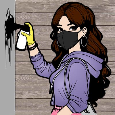 realistic girl with mask spray painting a wall