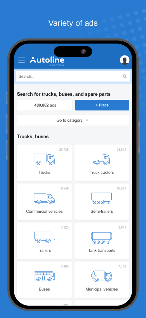 Autoline - Categorias do marketplace móvel Autoline para caminhões, ônibus e equipamentos