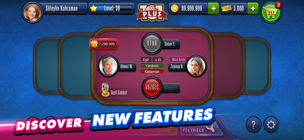 Gameplay interface of 101 Okey Plus showing player profiles and the voice chat feature banner