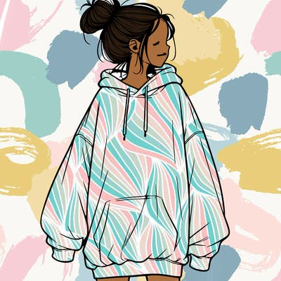 realistic girl with a oversized sweatshirt on and a bun