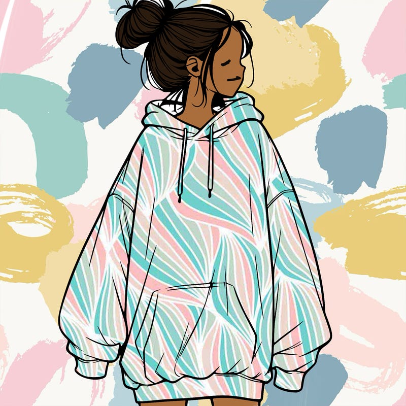 realistic girl with a oversized sweatshirt on and a bun