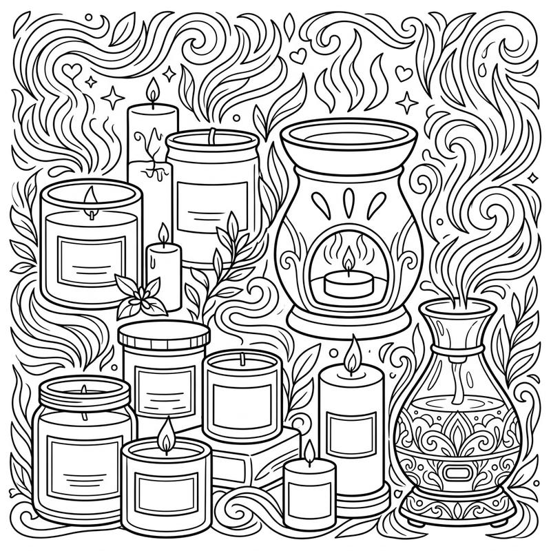 Discover a collection of beautifully illustrated scented candles, wax warmers, and essential oil diffusers in this inviting coloring page. Perfect for unwinding, this design invites you to bring warmth and fragrance to life with your favorite colors.