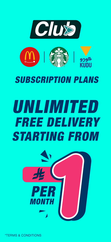 ToYou app subscription plan for unlimited free delivery starting at 1 per month with McDonald's and Starbucks logos