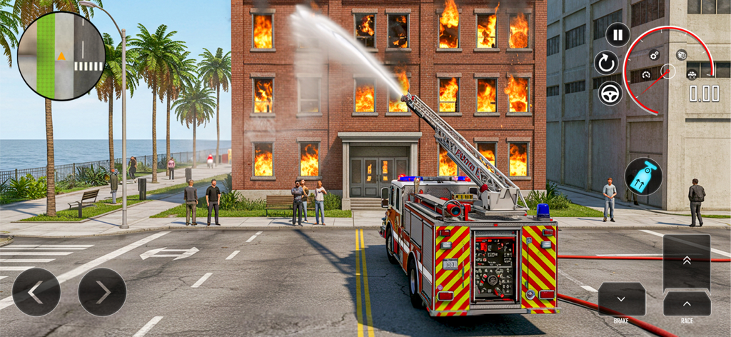 Urban Street Car Driver - A fire truck extinguishing a building fire in the Urban Street Car Driver simulator