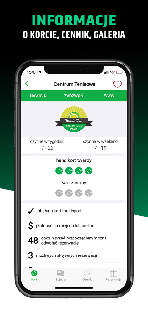 Schermata dell'app mobile che mostra i dettagli del club di tennis inclusi i tipi di superficie dei campi e gli orari di apertura