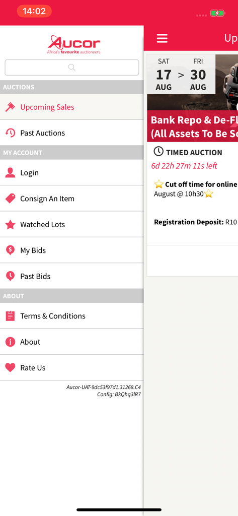 Aucorlive app side menu showing options for upcoming sales past auctions and account management