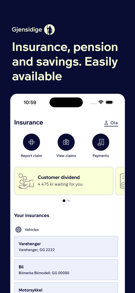 Gjensidige - Gjensidige Mobile-App-Dashboard, das Schadensmeldungen, Zahlungen und Details zu Kundengewinnen anzeigt.