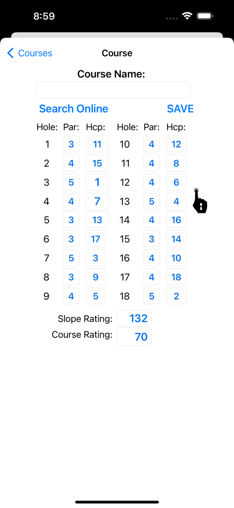 Golf Buddies app course information screen displaying hole par handicap and slope rating