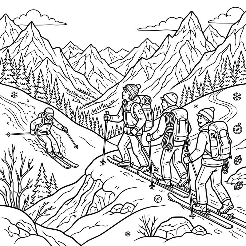 Embark on an exciting journey with our Backcountry Skiers coloring page, perfect for kids who love winter sports and mountain exploration. This detailed scene captures the thrill of untouched snow and majestic peaks, ready for your creative touch.