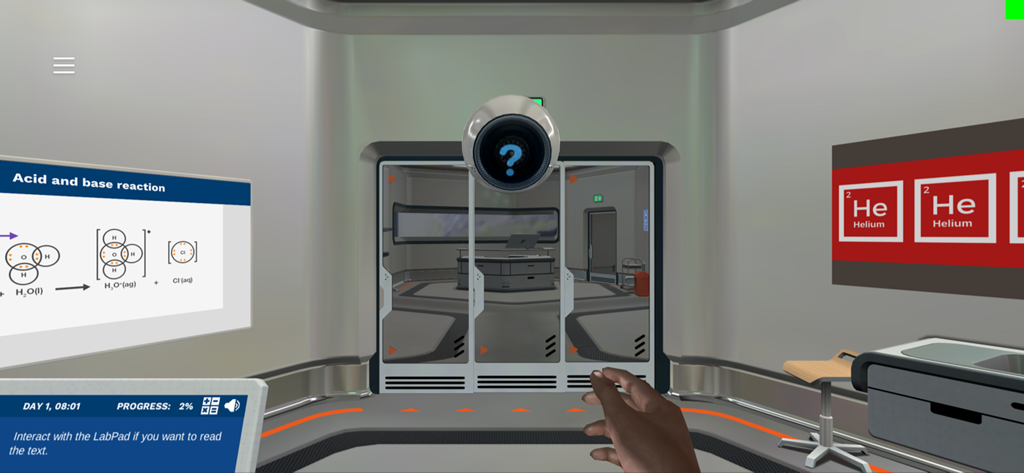 First person view of a 3D virtual science laboratory simulation in the Labster app.