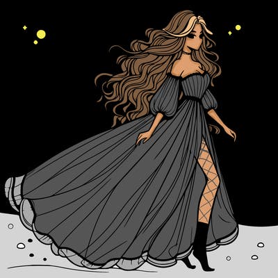 beautiful woman with a vaporous long dress walking on the beach at the noon, detailed art