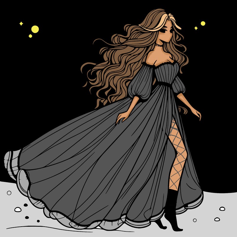 beautiful woman with a vaporous long dress walking on the beach at the noon, detailed art