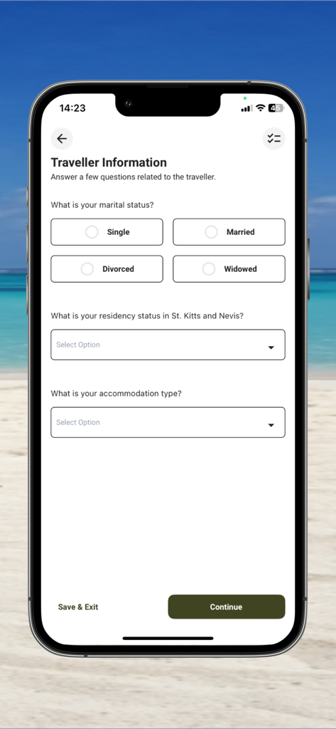 e-Border - St. Kitts & Nevis - Mobile app screen for St. Kitts and Nevis e-Border traveler information form.