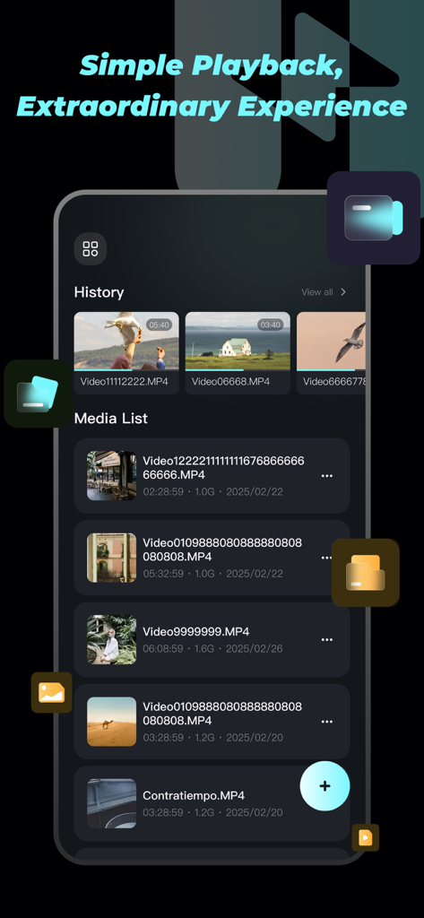 Hush-Pure Enjoyment - Hush app interface displaying local video history and media list.