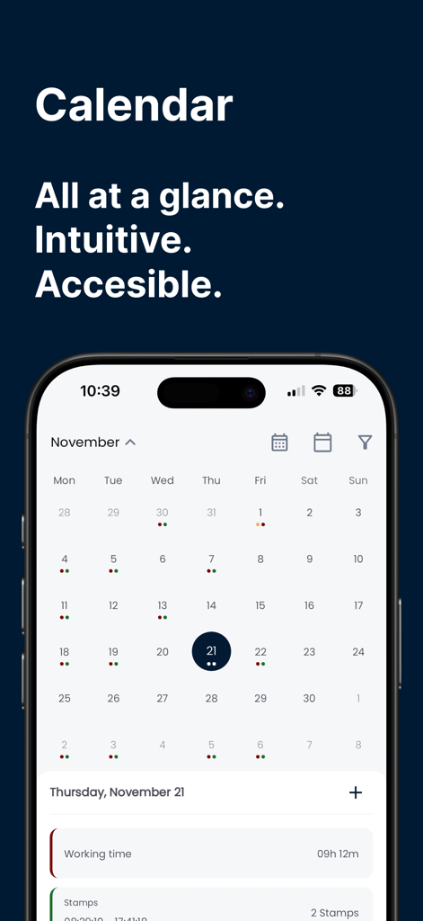 Crewmeister Time Tracking - Monthly calendar view in the Crewmeister app showing tracked working hours and shifts