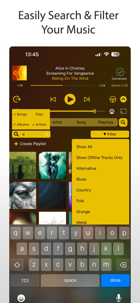 MusicStreamer app interface showing search bar and genre filter menu for a music library.