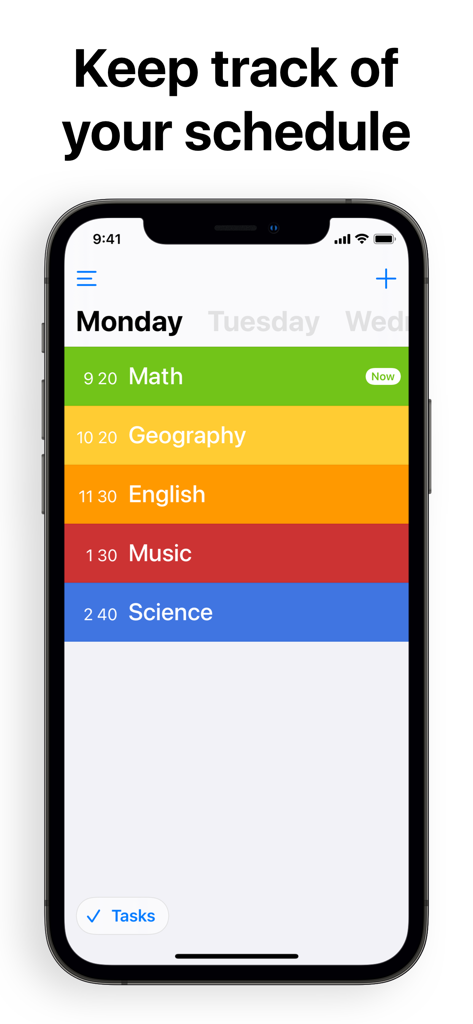 A colorful school timetable app showing a Monday class schedule on a mobile phone