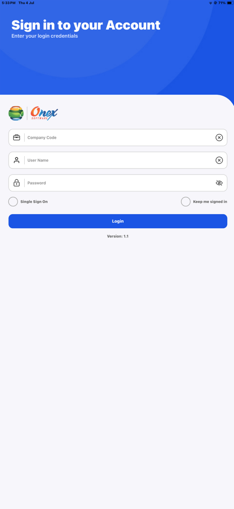 Onex HRMS - Login screen of the Onex HRMS mobile app with input fields for company code, user name, and password