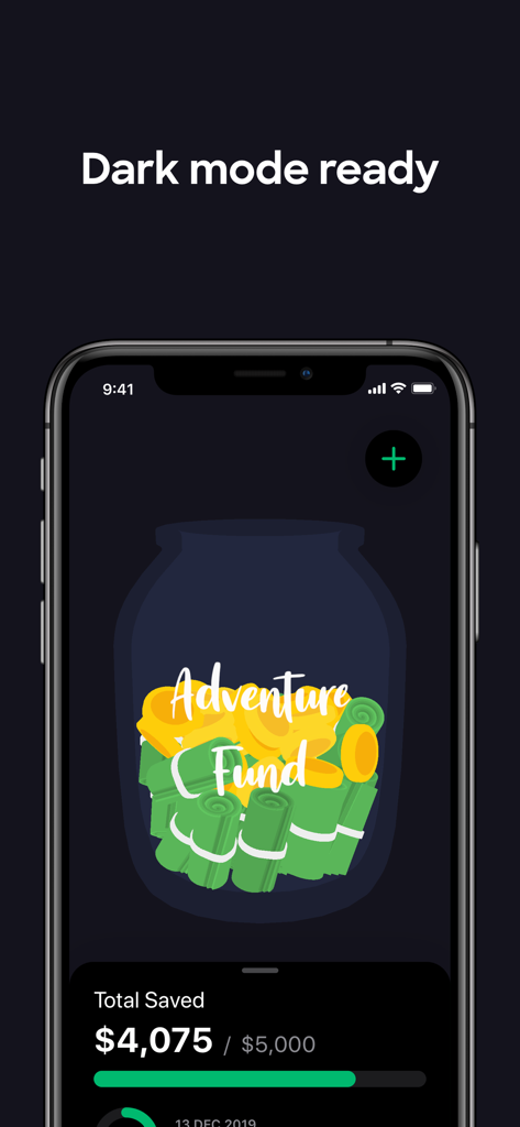 Loot - Savings Goal & Tracker - Captura de pantalla de la interfaz de la aplicación Loot en modo oscuro mostrando una alcancía de ahorro 3D para un objetivo de Fondo de Aventura