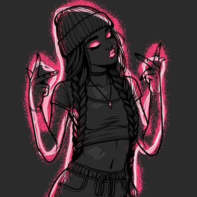 realistic teenage girl with braids and a beanie and crop top doing 🫶🏼