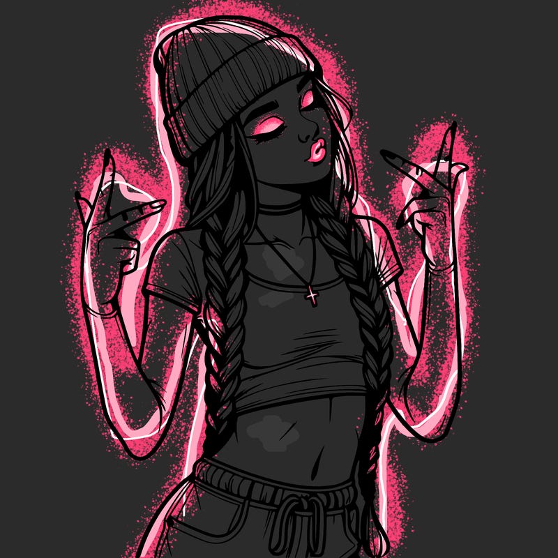 realistic teenage girl with braids and a beanie and crop top doing 🫶🏼