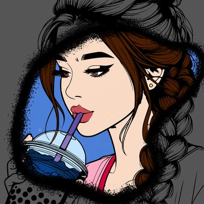 realistic girl drinking boba tea with braided hair