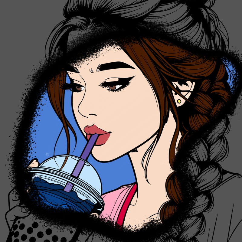 realistic girl drinking boba tea with braided hair