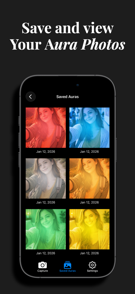 iAura aura energy mood reader - iAuraアプリのギャラリー画面、鮮やかな色のエネルギーオーバーレイが表示された保存されたポートレートが表示されている