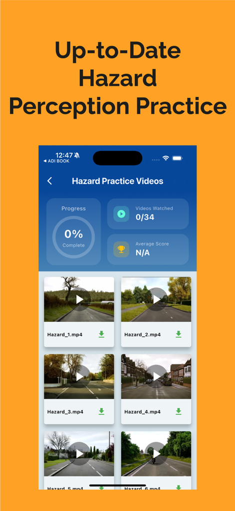 Driving Theory Test Kit UK - Hazard perception practice video gallery with progress tracking in the UK Driving Theory Test Kit app.