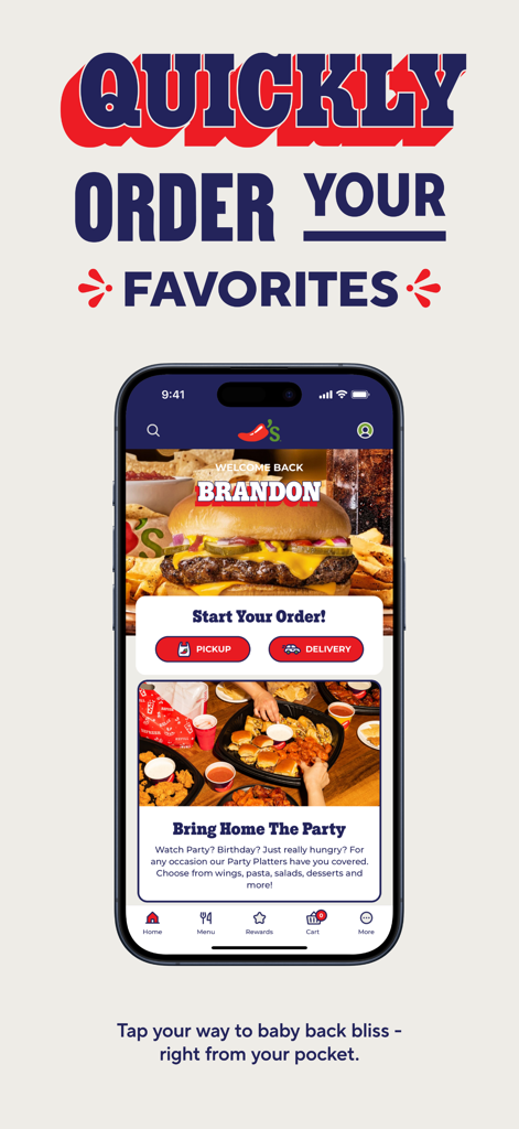Chilis - Chilis mobile app interface showing pickup and delivery options with a featured burger.