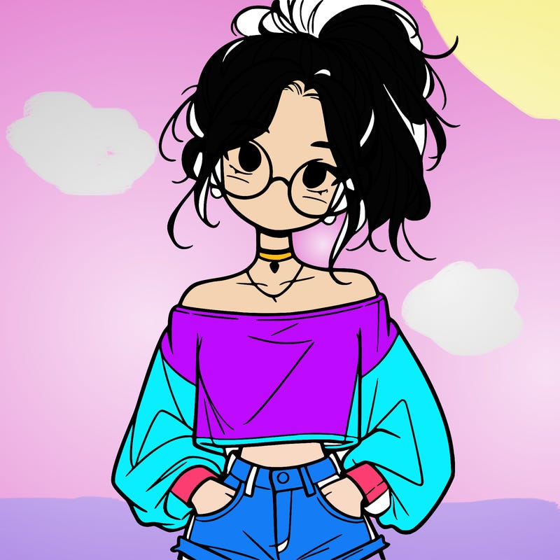 girl with a messy ponytail glasses a baggy crop top and jean shorts