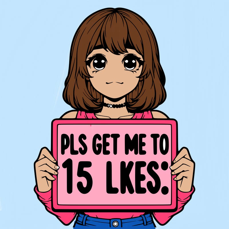 realistic girl holding up a sign that says “pls get me to 15 likes!”