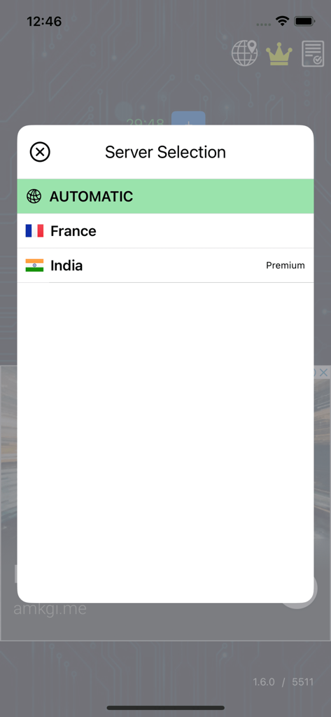 SPL VPN - Server selection menu in SPL VPN app showing automatic connection and country options like France and India