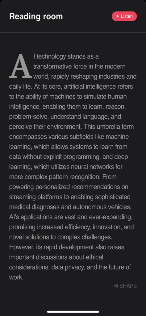 Interfaz de la sala de lectura que muestra un artículo sobre IA con un botón de escuchar en la esquina superior derecha.