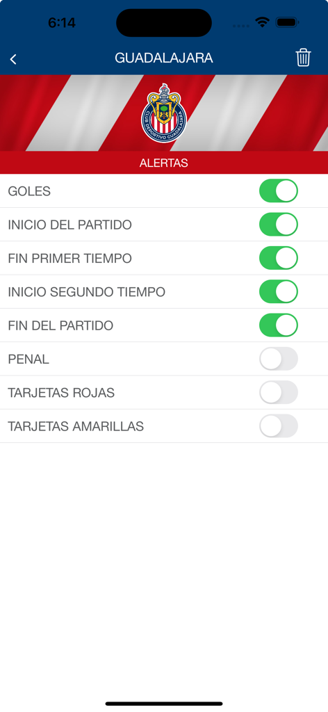 Configuración de notificaciones de la aplicación de fútbol AppMX para el equipo de Guadalajara.