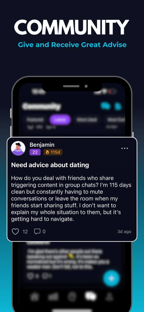 Captura de pantalla de la función comunitaria de la aplicación SnapOut que muestra una publicación de usuario solicitando consejos y apoyo para citas