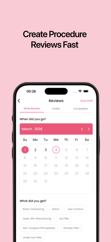 Aesthetic Valley - Interface to write a review for aesthetic procedures featuring a calendar and selection tags like Botox and Lip Filler