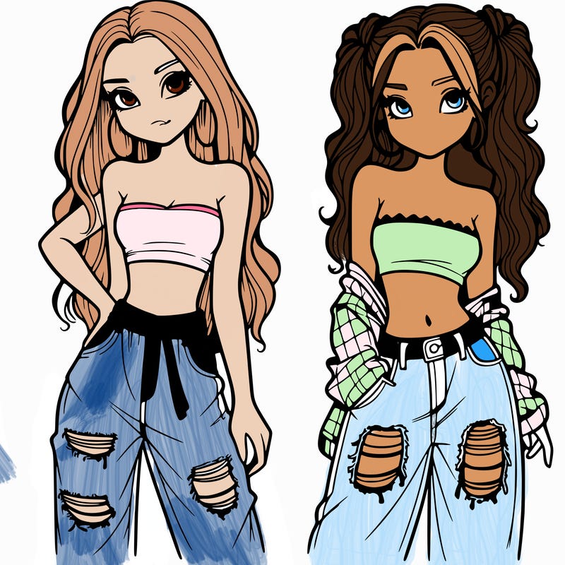 2 girls in crop tops and baggy jeans ripped