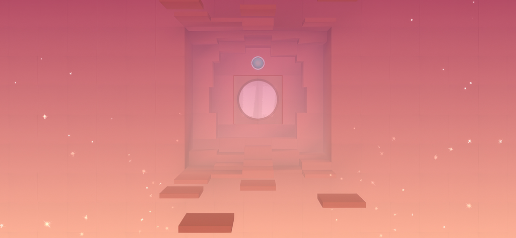 Una dimensión minimalista surrealista de color rosa con bloques geométricos flotantes en el juego Smash Hit.