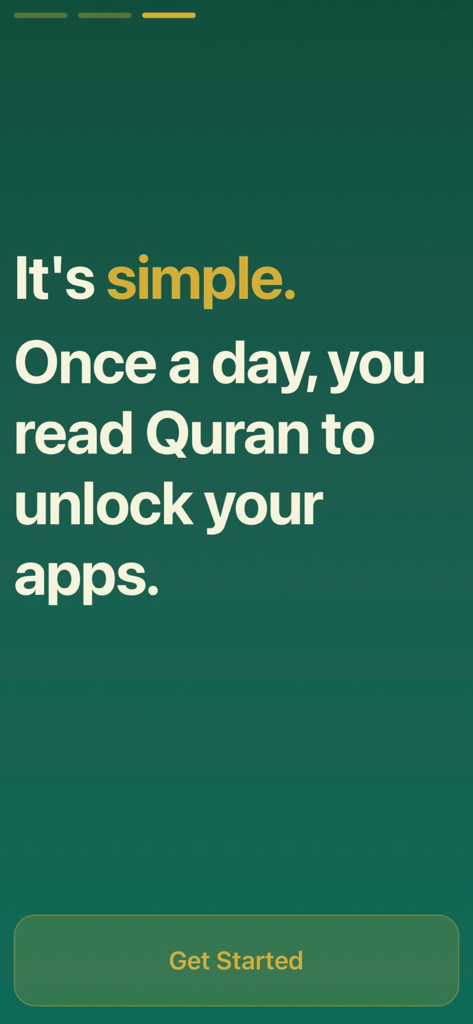 Quran Unlock - Introductory screen of Quran Unlock explaining that reading the Quran once a day unlocks access to other apps.
