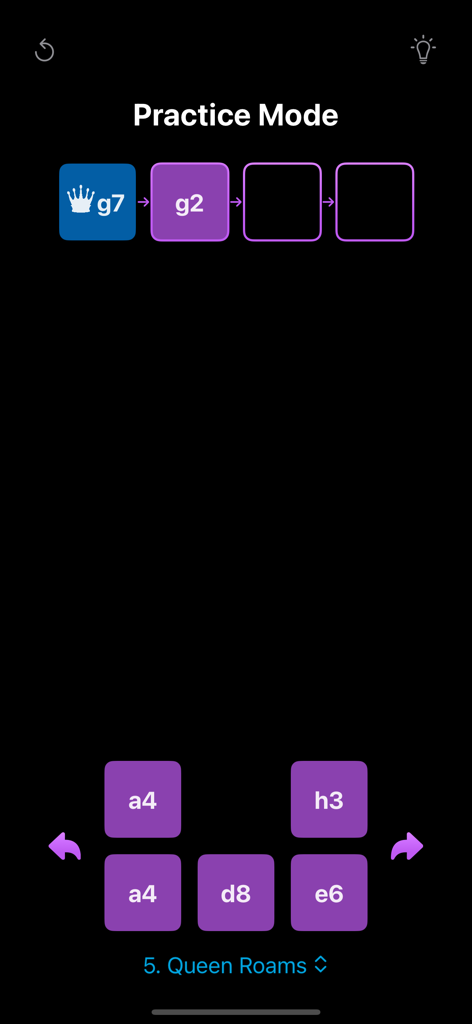 Chess Notation Lab Pro - Screenshot of Chess Notation Lab Pro app showing the Queen Roams exercise in Practice Mode with move sequence and coordinate buttons