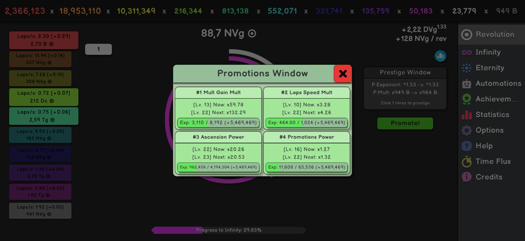 Revolution Idle - Revolution Idle gameplay screen showing the promotions window with multiple upgrade options