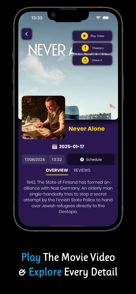 Cinegate - Movies Voice Finder - Cinegate app interface showing movie overview trailer and scheduling options