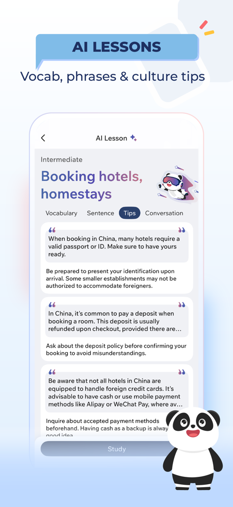 Pantalla de la aplicación Hanzii que muestra lecciones de IA y consejos culturales para reservar hoteles en China