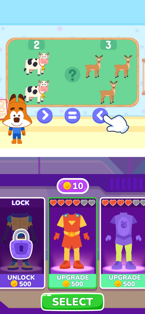 Smart Kids: Learning Games - Smart Kids app interface showing a math logic game and character outfit upgrades