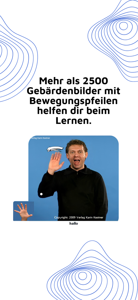 A man demonstrating a German Sign Language sign with motion arrows in the Der Kestner app.